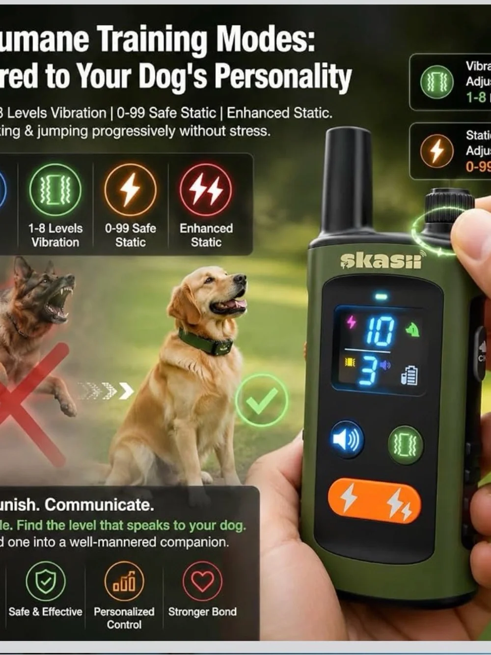 Skasii Rechargeable Dog Training Collar - Olive Green with Black Strap